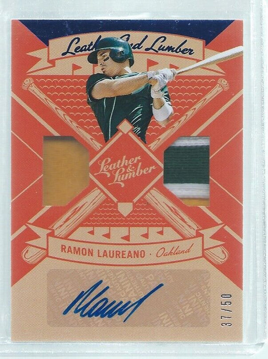 RAMON LAUREANO 2019 LEATHER & LUMBER BLUE DUAL PATCH AUTO ROOKIE RC #D 37/50
