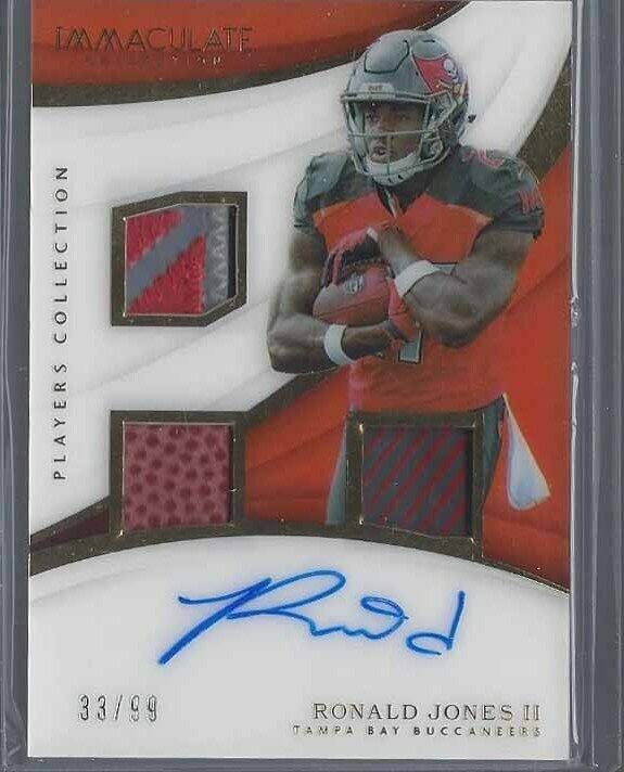 RONALD JONES II 2018 IMMACULATE ACETATE TRIPLE PATCH ON CARD AUTO RC #D /99