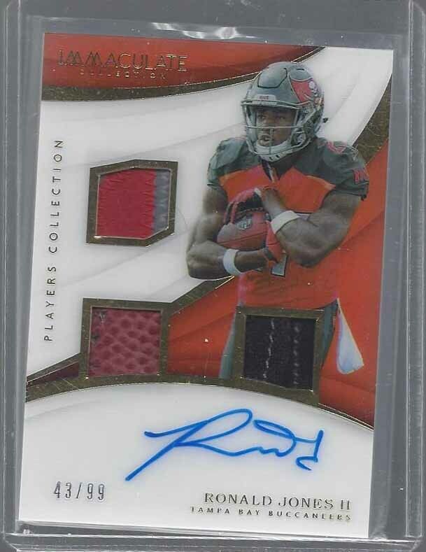 RONALD JONES II 2018 IMMACULATE ACETATE TRIPLE PATCH ON CARD AUTO RC #D /99