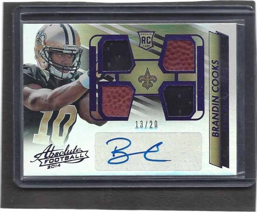 BRANDIN COOKS 2014 ABSOLUTE SPECTRUM PURPLE QUAD ROOKIE JERSEY AUTO RC #D 13/20