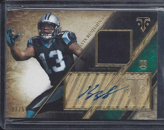 KELVIN BENJAMIN 2015 TOPPS TRIPLE THREADS GREEN ROOKIE JERSEY AUTO RC #D 27/50