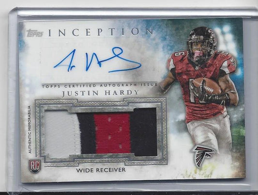 JUSTIN HARDY 2015 TOPPS INCEPTION RPA FALCONS 3 COLOR ROOKIE PATCH AUTO RC