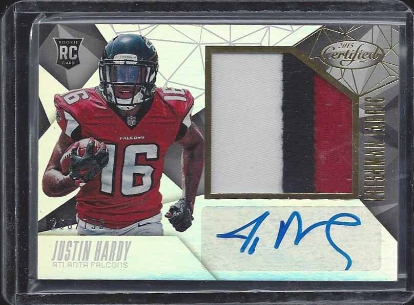 JUSTIN HARDY 2015 CERTIFIED FRESHMAN FABRIC GOLD JUMBO PATCH AUTO RC #D /749