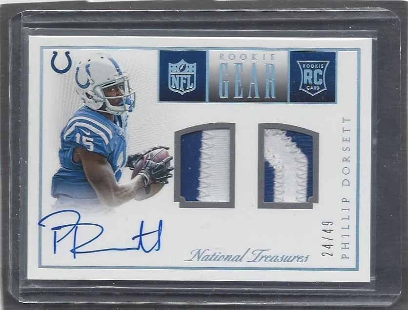 PHILLIP DORSETT 2015 NATIONAL TREASURES ROOKIE GEAR DUAL PATCH AUTO RC #D 24/49