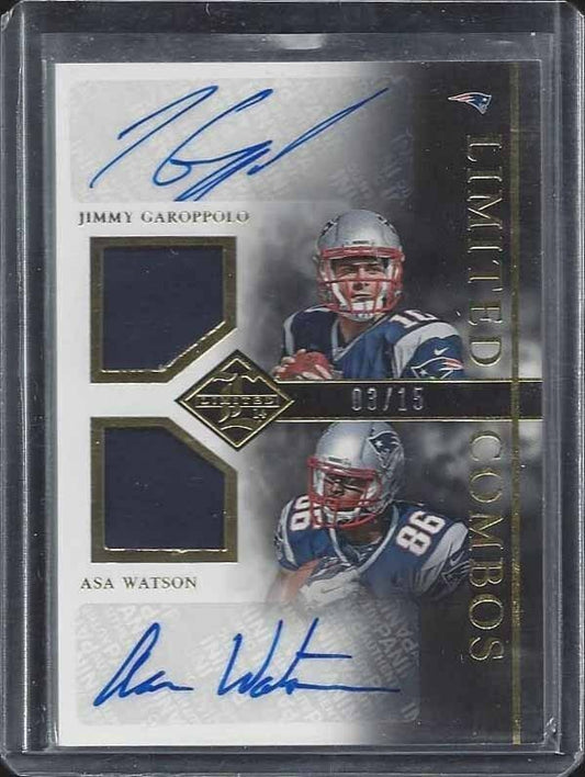 JIMMY GAROPPOLO WATSON 2014 LIMITED COMBOS PATRIOTS DUAL JERSEY AUTO RC #D 3/15