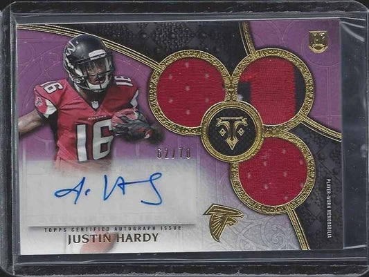 JUSTIN HARDY 2015 TOPPS TRIPLE THREADS PURPLE TRIPLE PATCH AUTO RC #D /70