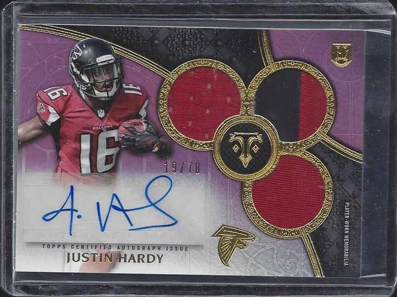 JUSTIN HARDY 2015 TOPPS TRIPLE THREADS PURPLE TRIPLE PATCH AUTO RC #D /70