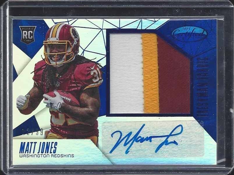 MATT JONES 2015 CERTIFIED FRESHMAN FABRIC BLUE JUMBO 3 COLOR PATCH AUTO RC /99