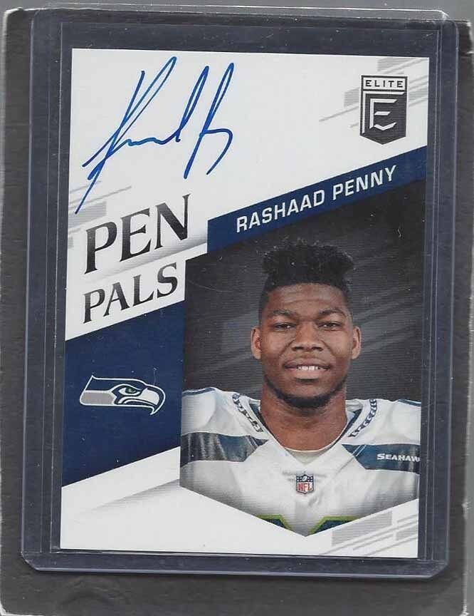 RASHAAD PENNY 2018 DONRUSS ELITE PEN PALS BLUE INK SP ON CARD ROOKIE AUTO RC