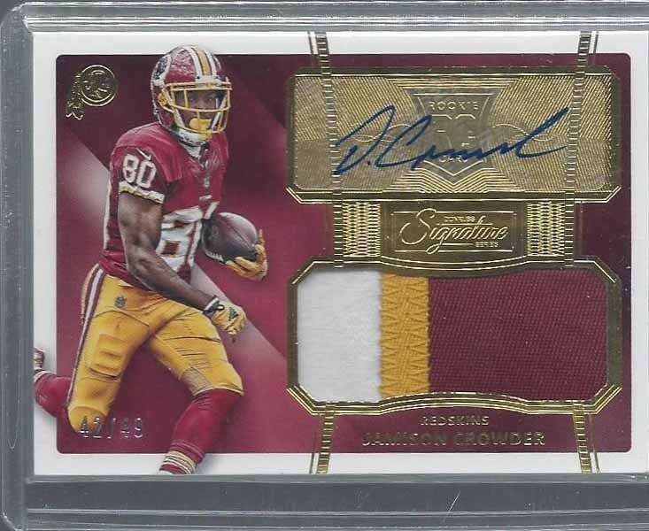 JAMISON CROWDER 2015 DONRUSS SIGNATURE SERIES GOLD RPA 3 CLR PATCH AUTO RC /49