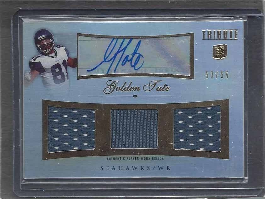 GOLDEN TATE 2010 TOPPS TRIBUTE ROOKIE TRIPLE JERSEY AUTO RC #D 53/55