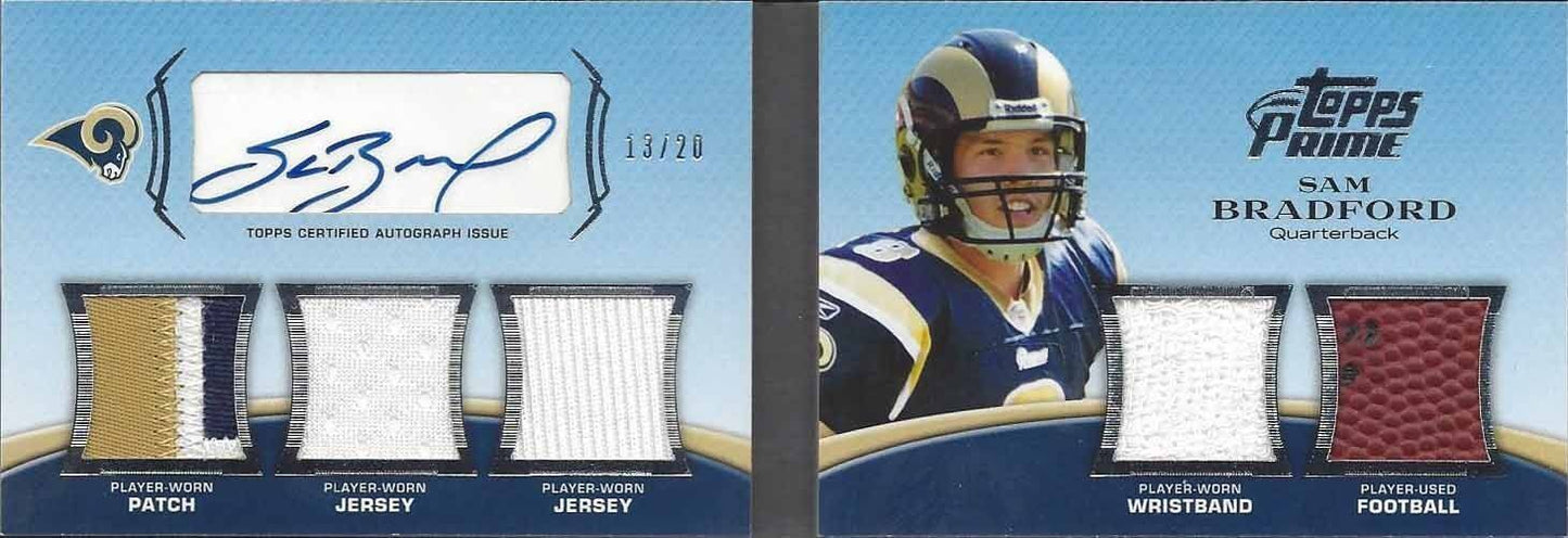 SAM BRADFORD 2011 TOPPS PRIME LEVEL 1 5 PIECE ROOKIE PATCH AUTO BOOK RC #D 13/20