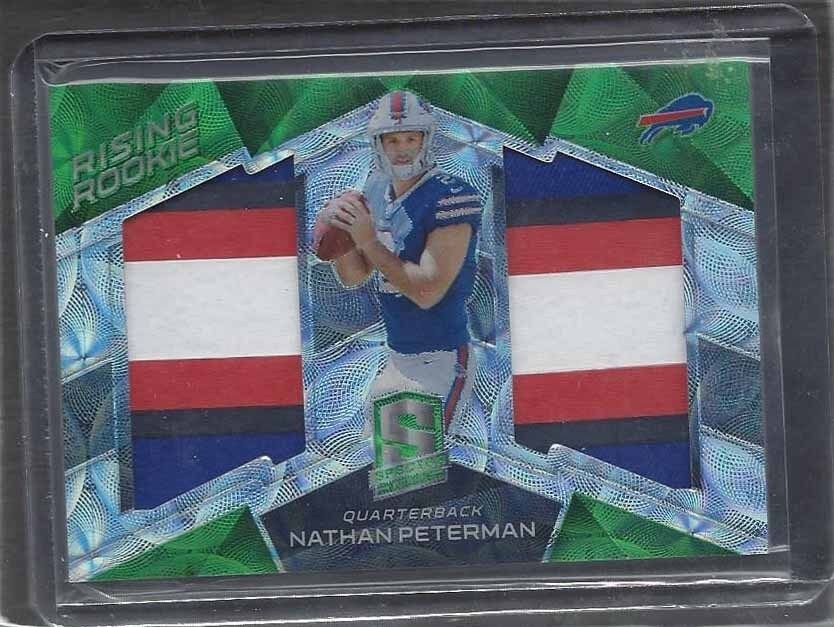 NATHAN PETERMAN 2017 SPECTRA RISING ROOKIE NEON GREEN DUAL PATCH RC #D 13/25