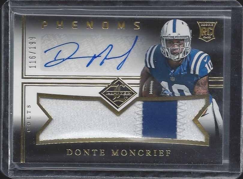 DONTE MONCRIEF 2014 LIMITED PHENOMS RPA JUMBO 2 COLOR ROOKIE PATCH AUTO RC /199