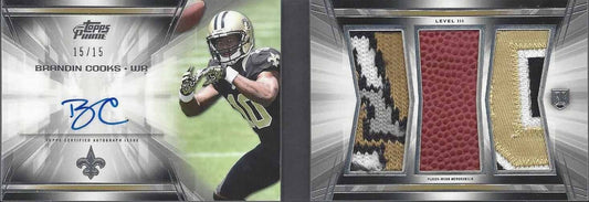 BRANDIN COOKS 2014 TOPPS PRIME LEVEL 3 ROOKIE TRIPLE PATCH AUTO BOOK RC #D 15/15