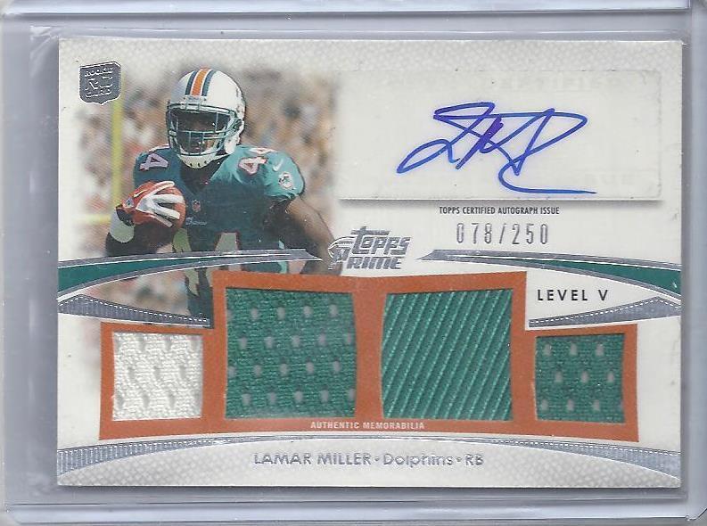LAMAR MILLER 2012 TOPPS PRIME LEVEL 5 (V) QUAD 2 COLOR JERSEY AUTO RC #D 78/250
