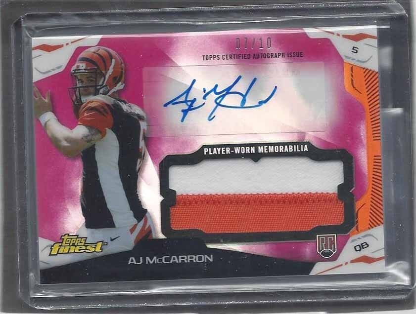 A.J. MCCARRON 2014 TOPPS FINEST PINK REFRACTOR JUMBO 2 CLR PATCH AUTO RC #D 7/10