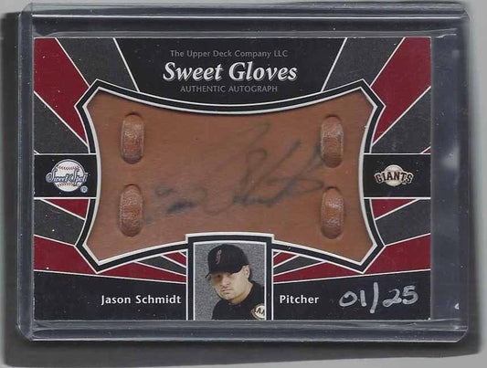 JASON SCHMIDT 2004 UD SWEET SPOT SWEET GLOVES ON CARD AUTO HAND #D 1/25