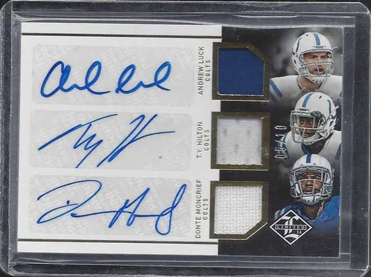 ANDREW LUCK TY HILTON DONTE MONCRIEF 2014 LIMITED TRIPLE JERSEY AUTO RC #D 5/10