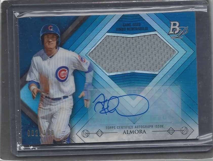 ALBERT ALMORA 2014 BOWMAN PLATINUM BLUE REFRACTOR JUMBO JERSEY AUTO #D 82/199