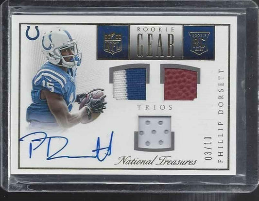 PHILLIP DORSETT 2015 NATIONAL TREASURES NFL GEAR GOLD TRIPLE PATCH AUTO RC /10