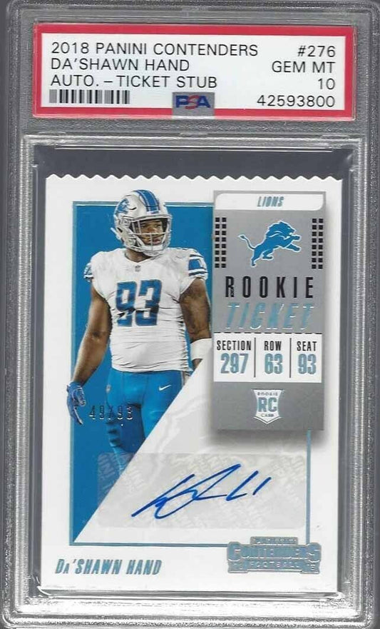 DA'SHAWN HAND 2018 CONTENDERS TICKET STUB LIONS ROOKIE AUTO RC #D 49/93 PSA 10
