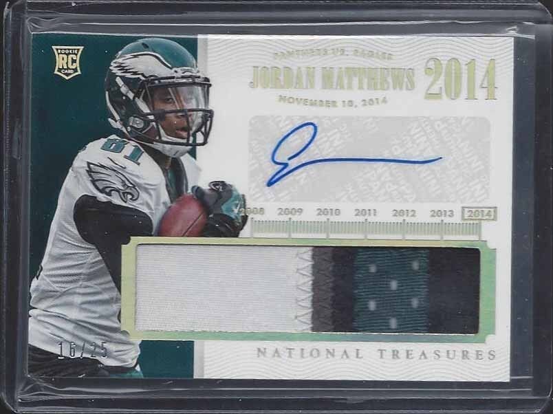 JORDAN MATTHEWS 2014 NATIONAL TREASURES TIMELINE JUMBO 4 COLOR PATCH AUTO RC /25