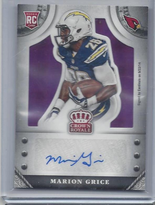 MARION GRICE 2014 CROWN ROYALE PURPLE PLAID CARDINALS CHARGERS AUTO RC #D 2/10