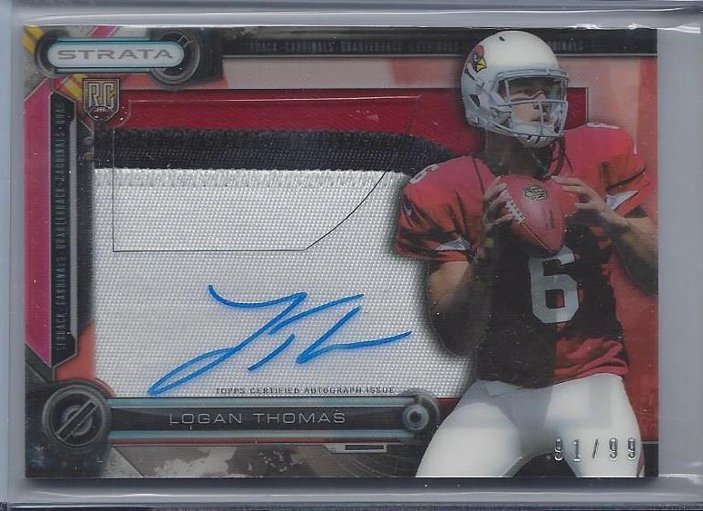 LOGAN THOMAS 2014 TOPPS STRATA CLEAR CUT JUMBO 3 COLOR PATCH AUTO RC #D 91/99