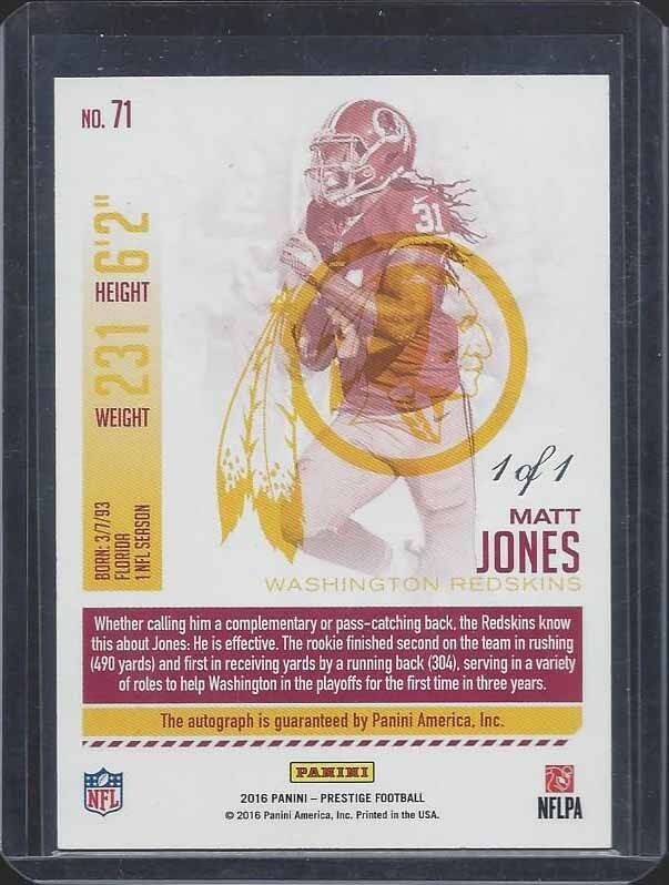 MATT JONES 2016 PRESTIGE XTRA POINTS BLACK AUTO TRUE #D 1/1