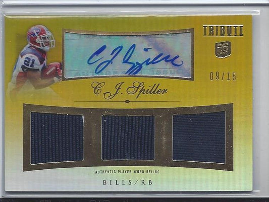 C.J. SPILLER 2010 TOPPS TRIBUTE GOLD REFRACTOR TRIPLE JERSEY AUTO RC #D 9/15