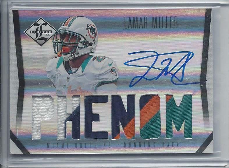 LAMAR MILLER 2012 LIMITED PHENOM 4 COLOR DOLPHIN PATCH ON CARD AUTO RC #D /299