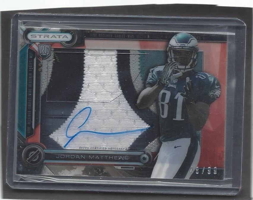 JORDAN MATTHEWS 2014 TOPPS STRATA CLEAR CUT RED JUMBO 4 CLR PATCH AUTO RC #D /99