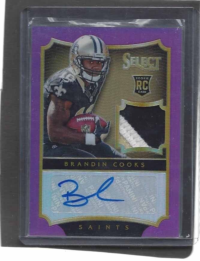 BRANDIN COOKS 2014 PANINI SELECT PURPLE PRIZM ROOKIE 3 CLR PATCH AUTO RC #D 4/15