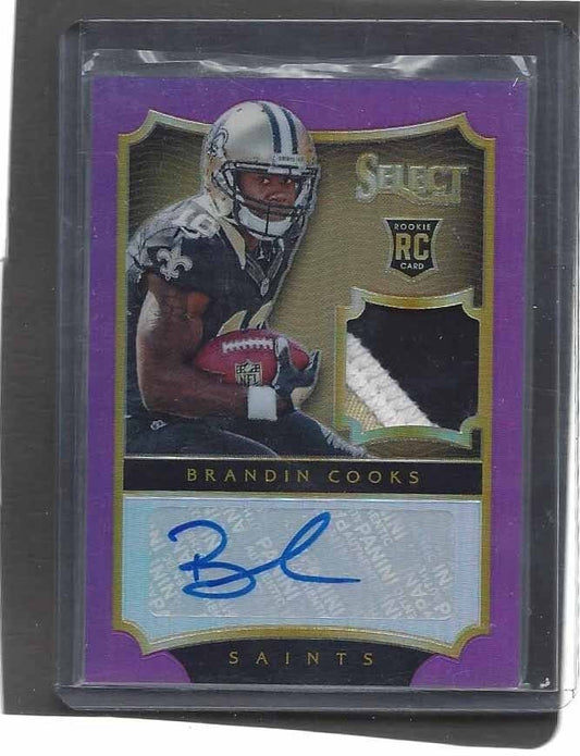 BRANDIN COOKS 2014 PANINI SELECT PURPLE PRIZM ROOKIE 3 CLR PATCH AUTO RC #D 4/15