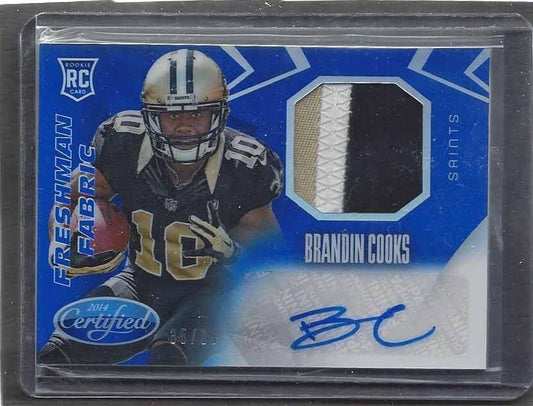 BRANDIN COOKS 2014 CERTIFIED FRESHMAN FABRIC BLUE RPA 3 CLR PATCH AUTO RC #D /99