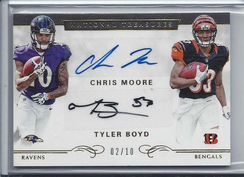 TYLER BOYD CHRIS MOORE 2016 NATIONAL TREASURES GOLD DUAL AUTO RC #D 2/10