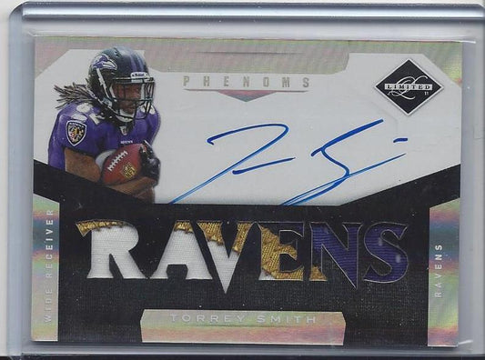 TORREY SMITH 2011 LIMITED PHENOMS JUMBO 4 COLOR PATCH ON CARD AUTO RC #D 86/299