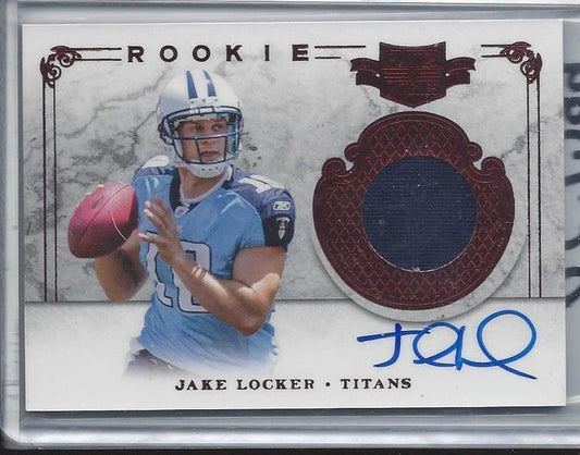 JAKE LOCKER 2011 PLATES & PATCHES RED PATCH ON CARD AUTO RC #D 136/299