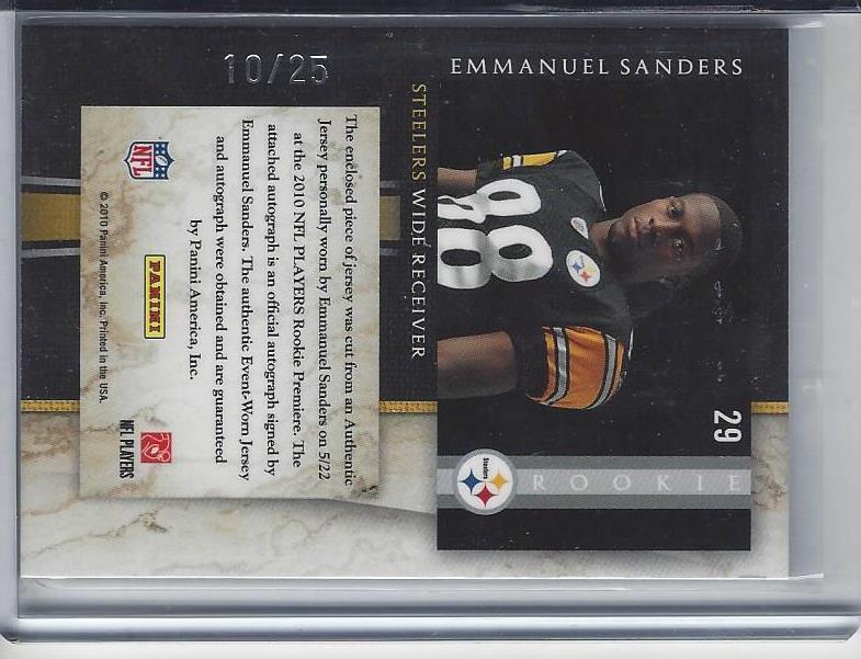 EMMANUEL SANDERS 2010 LIMITED JUMBO 2 COLOR PATCH AUTO RC #D 10/25