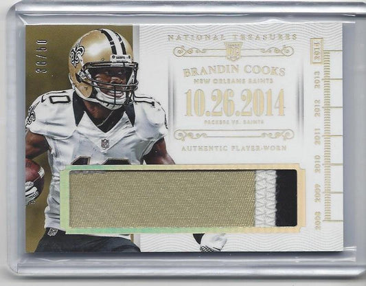BRANDIN COOKS 2014 NATIONAL TREASURES TIMELINE JUMBO 3 COLOR SAINTS PATCH RC /50