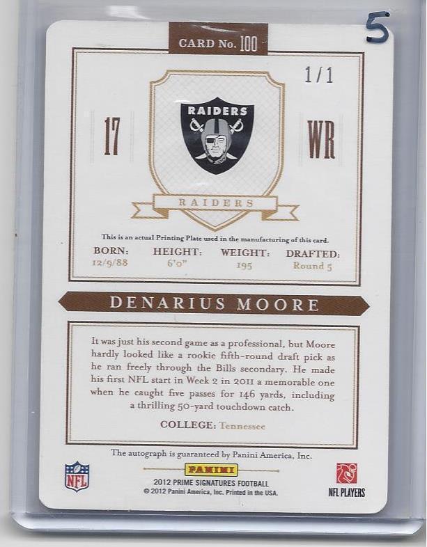 DENARIUS MOORE 2012 PRIME SIGNATURES MAGENTA PRINTING PLATE RAIDERS AUTO #D 1/1