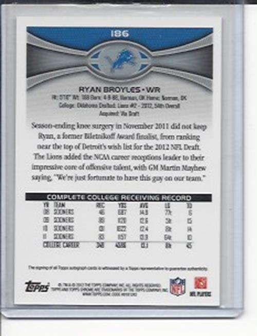 RYAN BROYLES 2012 TOPPS CHROME SHORT PRINT VARIATION SP REFRACTOR AUTO RC #186
