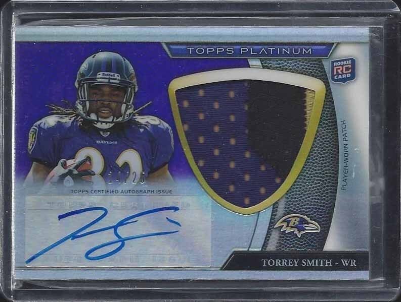 TORREY SMITH 2011 TOPPS PLATINUM PURPLE REFRACTOR RPA 3 COLOR PATCH AUTO RC /25
