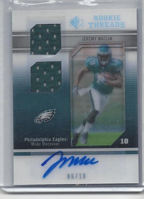 JEREMY MACLIN 2009 SP ROOKIE THREADS ACETATE RARE DUAL JERSEY AUTO RC #D 6/10