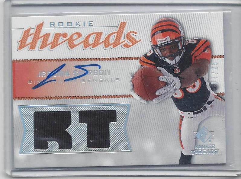 JEROME SIMPSON 2008 SP ROOKIE THREADS BENGALS DUAL JERSEY AUTO RC #D 7/25