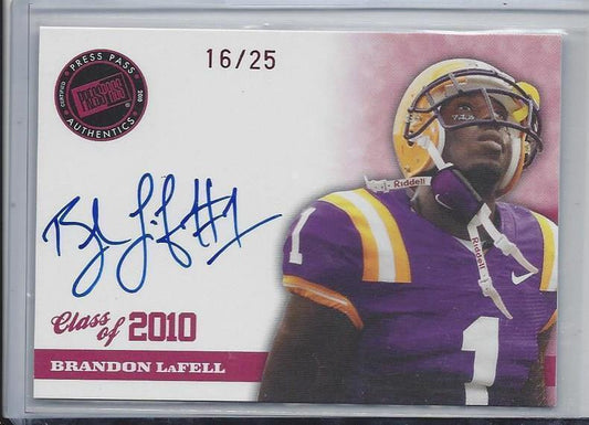 BRANDON LAFELL 2010 PRESS PASS CLASS OF 2010 RED PARALLEL ON CARD AUTO RC #D /25