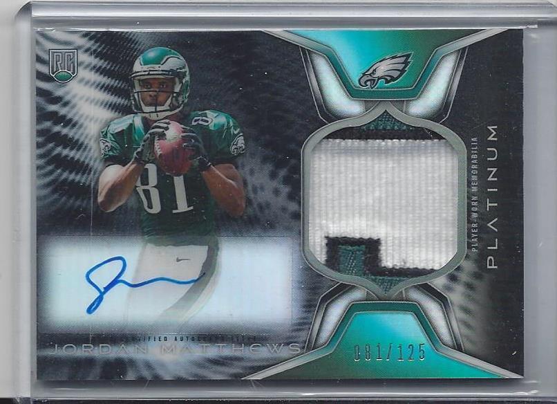 1/1 JORDAN MATTHEWS 2014 PLATINUM BLACK REFRACTOR 3 COLOR PATCH AUTO #D 81/125