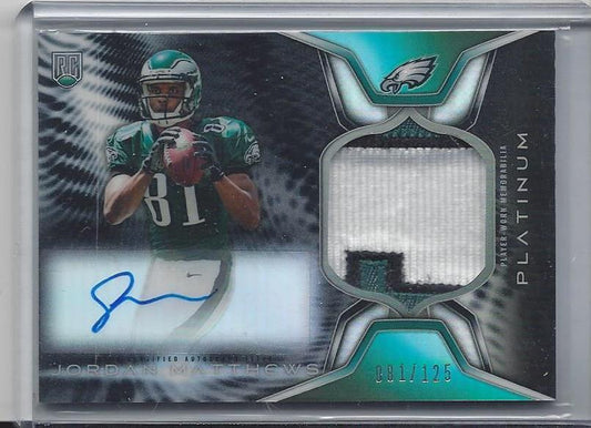 1/1 JORDAN MATTHEWS 2014 PLATINUM BLACK REFRACTOR 3 COLOR PATCH AUTO #D 81/125