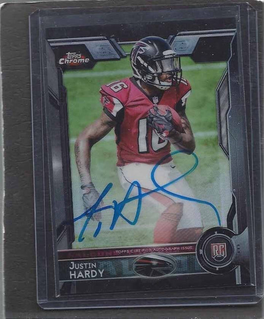 JUSTIN HARDY 2015 TOPPS CHROME BLACK REFRACTOR FALCONS ON CARD AUTO RC #D 18/25
